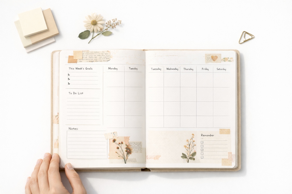 open weekly planner showing undated layouts