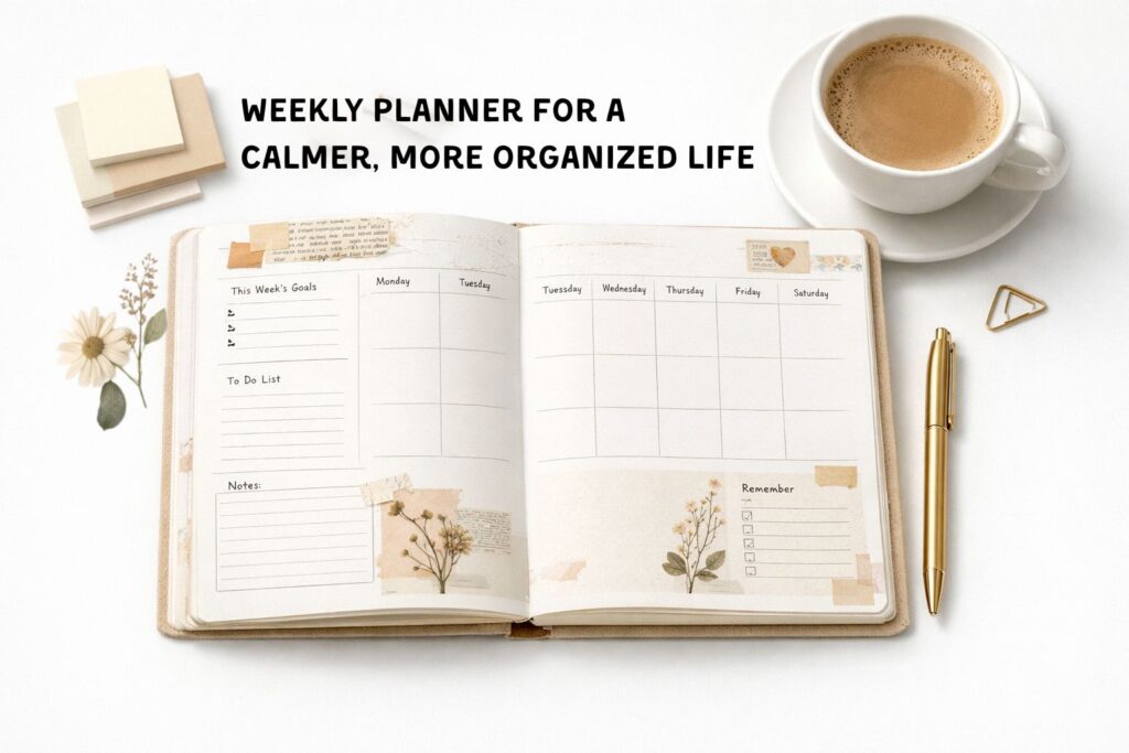 planificator săptămânal cu estetică vintage pe birou alb