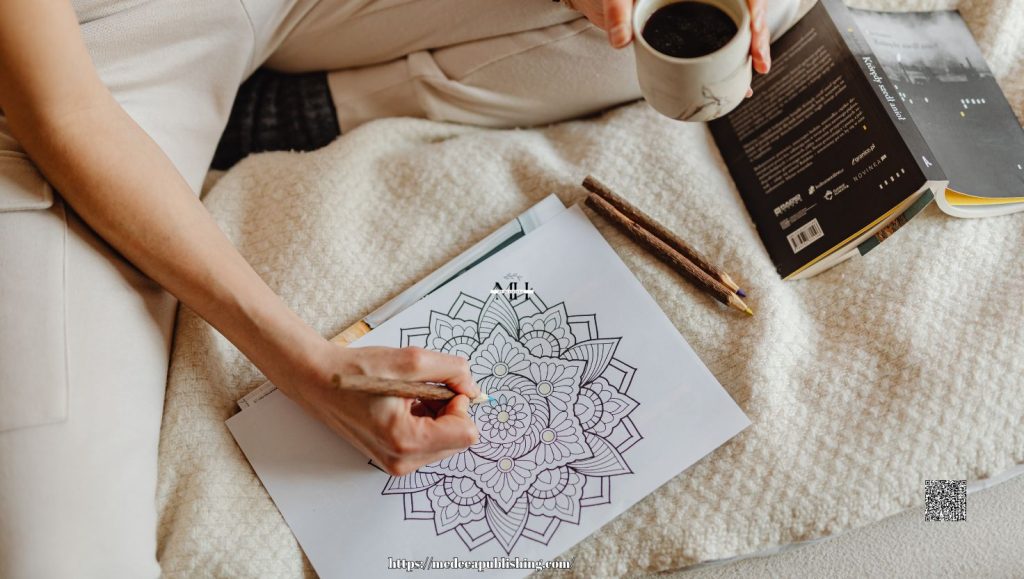 7 Reasons Coloring Is a Form of Mindfulness – Science-Backed Benefits & How to Begin 3 Woman relaxing on a bed while coloring a mandala design and holding a cup of coffee, practicing mindful coloring.