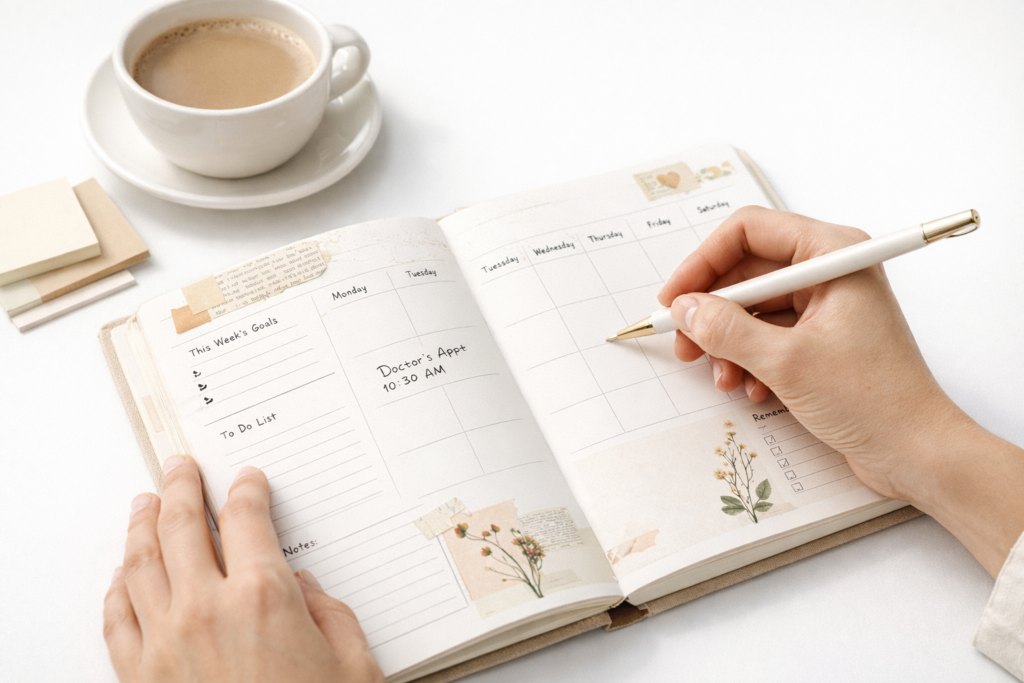 person writing in weekly planner with soft neutral colors