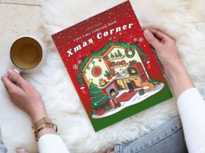 Xmas Corner Cute Cozy Coloring Book for adults and kids featuring warm Christmas scenes and festive holiday illustrations