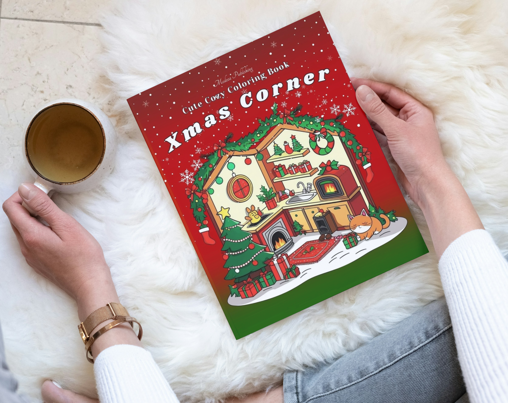 Xmas Corner Cute Cozy Coloring Book for adults and kids featuring warm Christmas scenes and festive holiday illustrations