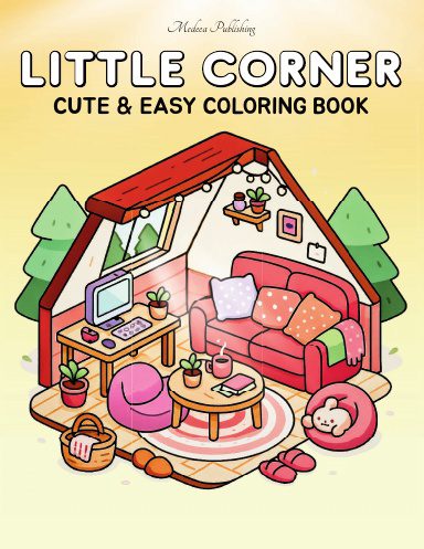 Little Corner Cute & Easy Coloring Book cover with cozy room, couch, desk, plants, and warm lighting.