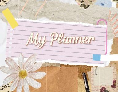 My Weekly Planner Journal cover with collage-style vintage paper, flowers, and handwritten notes