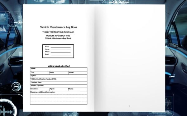 Vehicle Maintenance Log Book interior pages showing maintenance tracking and vehicle identification tables.