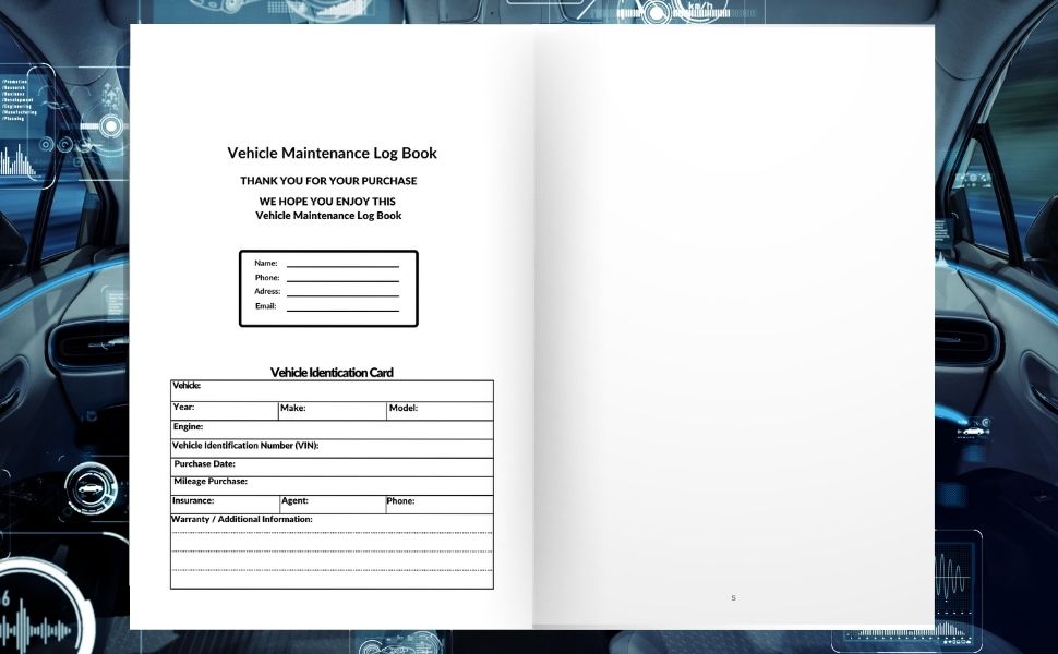 Vehicle Maintenance Log Book interior pages showing maintenance tracking and vehicle identification tables.