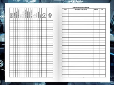 Vehicle Maintenance Log Book open pages with repair and mileage tracking tables.