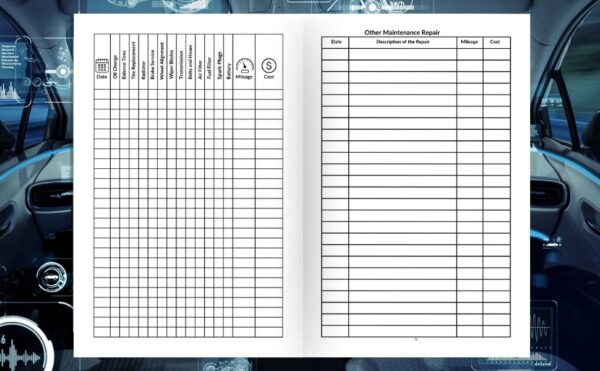 Vehicle Maintenance Log Book open pages with repair and mileage tracking tables.