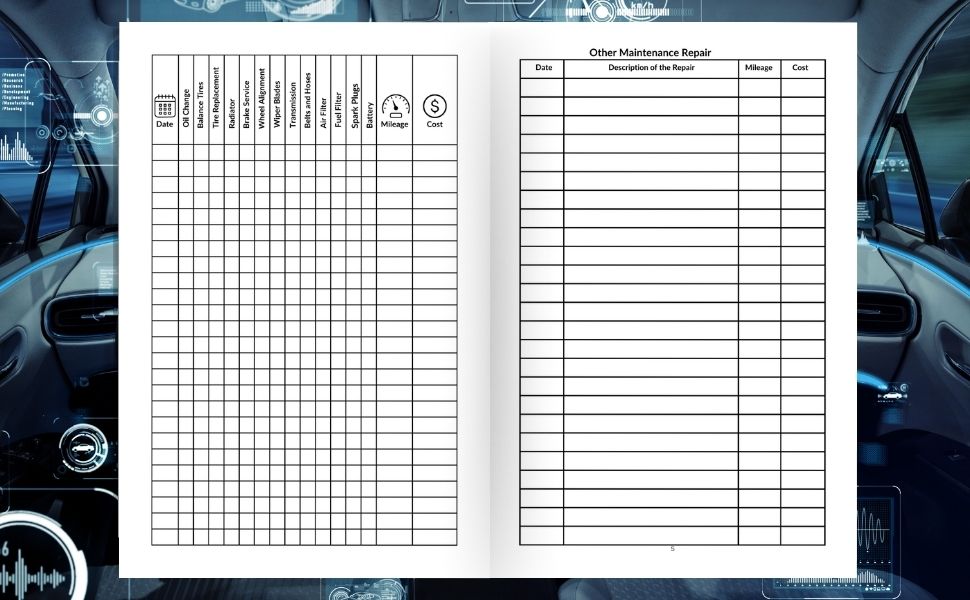Vehicle Maintenance Log Book open pages with repair and mileage tracking tables.
