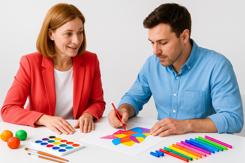 Mindful Coloring vs Art Therapy: 5 Key Differences Explained 2 Art therapist guiding a client, illustrating the difference between mindful coloring vs art therapy.