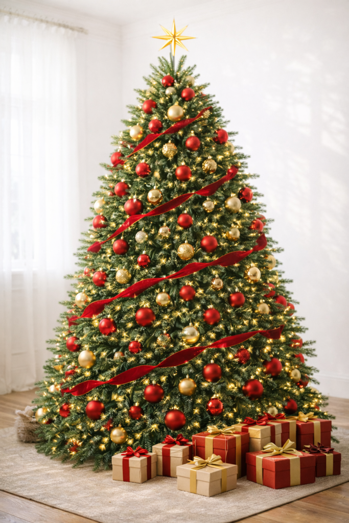 Red and gold Christmas tree photographed in bright natural daylight with white walls and soft shadows.
