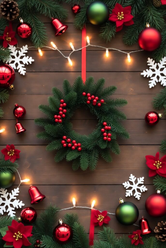 Christmas flat lay with evergreen wreath, red berries, ornaments, snowflakes, and warm string lights.