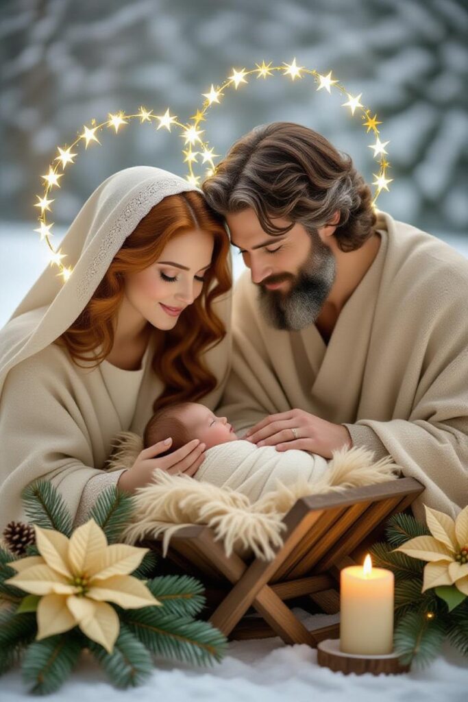 Close-up Nativity scene of Mary and Joseph looking lovingly at baby Jesus, with glowing star halos and soft winter light.