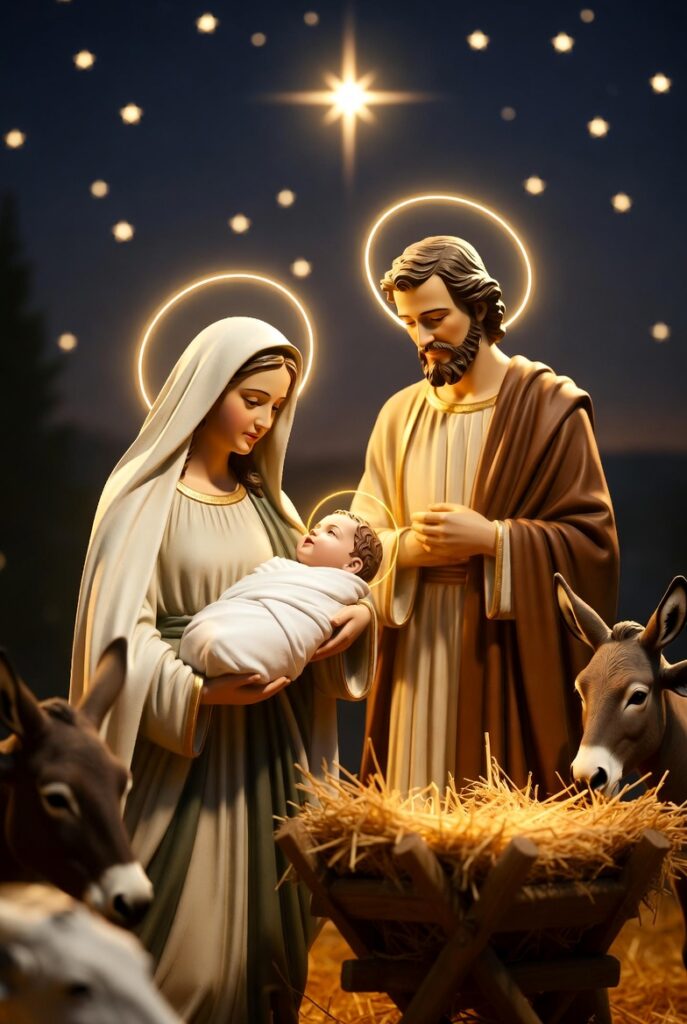 Nativity scene with Mary and Joseph holding baby Jesus in a manger under the Star of Bethlehem, glowing halos and warm candlelight.