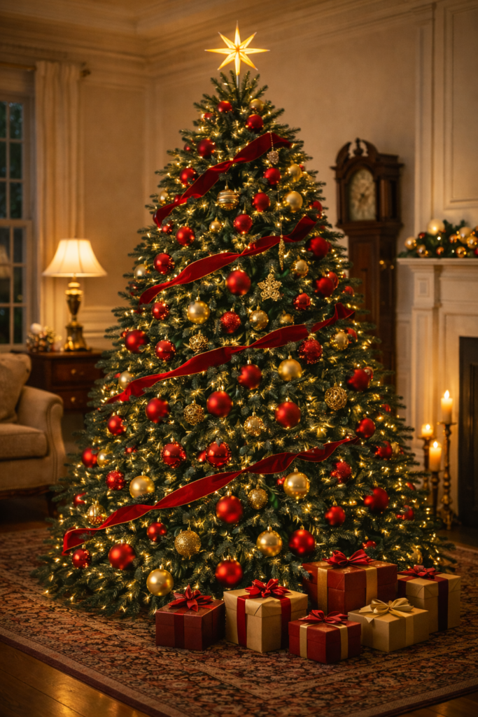 Traditional red and gold Christmas tree decorated with glossy ornaments in a classic living room with warm lighting.