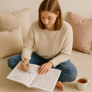 Woman using coloring as part of a mindful self-care routine.