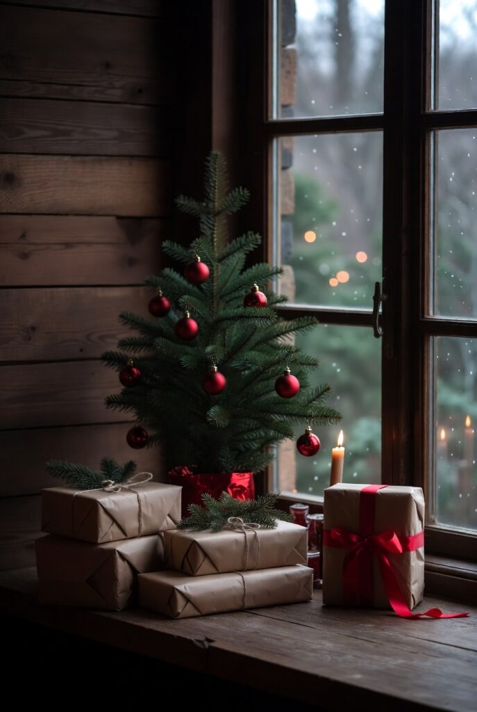 Cozy Christmas window scene with a small decorated tree, wrapped gifts, candles, and falling snow outside.