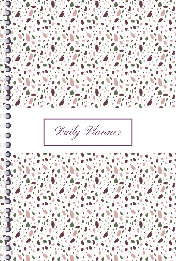 Daily Planner cover with a modern terrazzo pattern in soft pink, green, and burgundy tones, featuring a spiral binding graphic and an elegant title box in the center