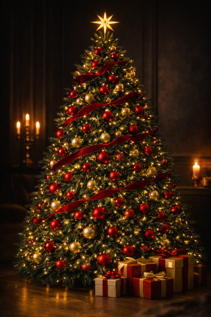 Red and gold Christmas tree glowing in a dark, moody interior with dramatic lighting and luxurious holiday decor.
