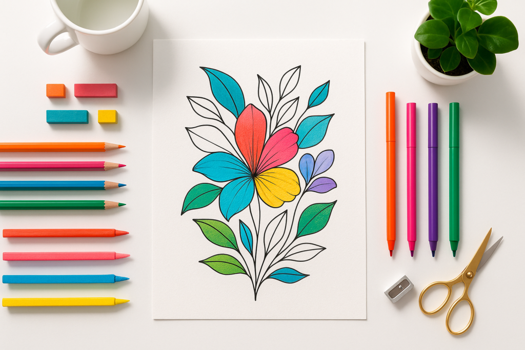 Mindful Coloring vs Art Therapy: 5 Key Differences Explained 3 Bright flat-lay workspace showing mindful coloring vs art therapy through structured coloring tools.