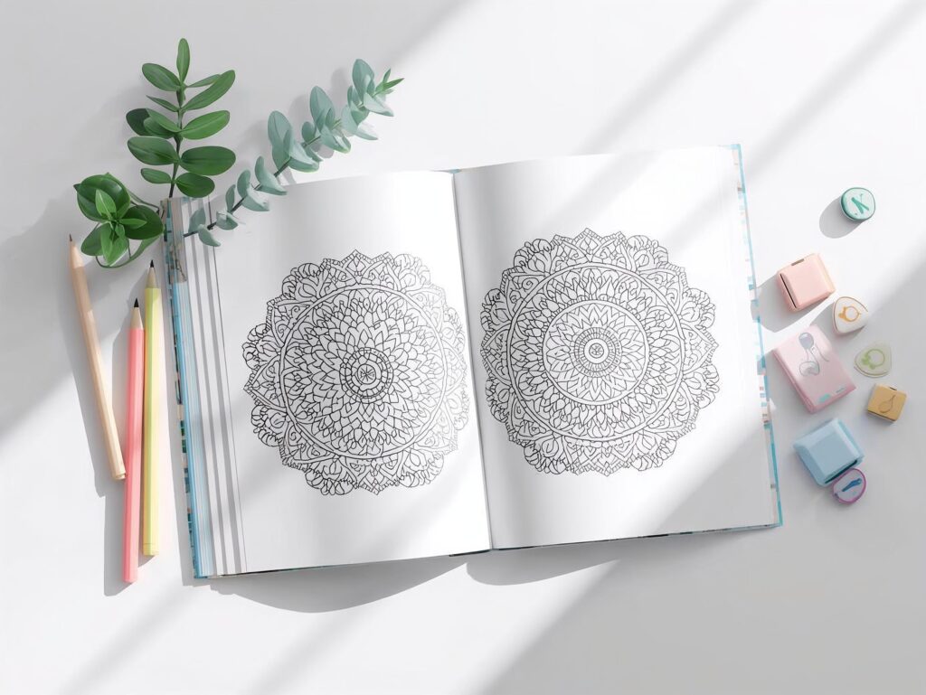 Flat lay of an open coloring book with half finished mandalas arranged next to pastel colored pencils and a plant. Bright calming light