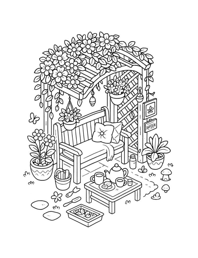 Cozy garden bench under a floral arbor with tea and plants, cute relaxing coloring page for adults and kids.