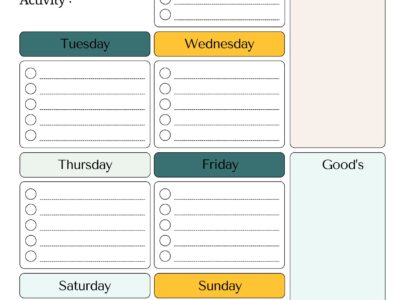 Weekly habit tracker layout with days of the week, checklist sections, and good and bad habits columns