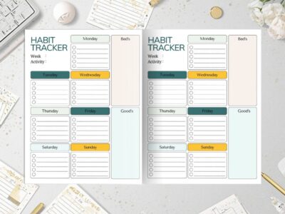 Weekly habit tracker interior pages displayed side by side with color-coded days and checklist sections