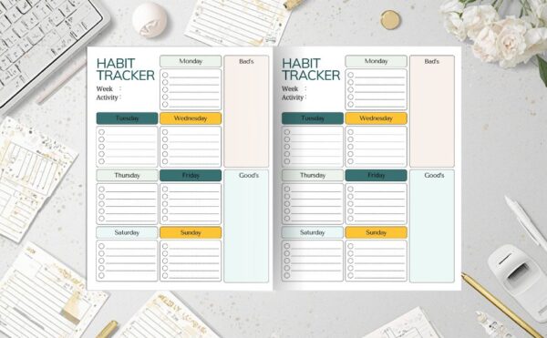 Weekly habit tracker interior pages displayed side by side with color-coded days and checklist sections