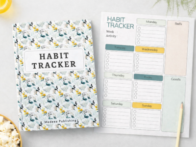 Habit tracker notebook with botanical spiral cover displayed next to a weekly habit tracking page on a minimalist desk