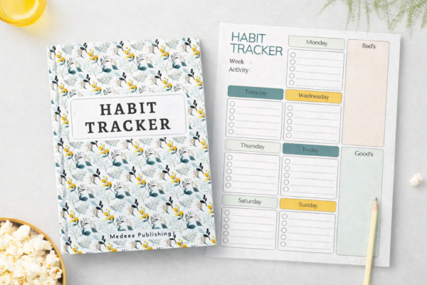 Habit tracker notebook with botanical spiral cover displayed next to a weekly habit tracking page on a minimalist desk
