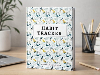 Habit tracker notebook styled on a desk with pencil, plant, and soft neutral background