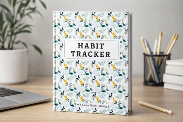 Habit tracker notebook styled on a desk with pencil, plant, and soft neutral background