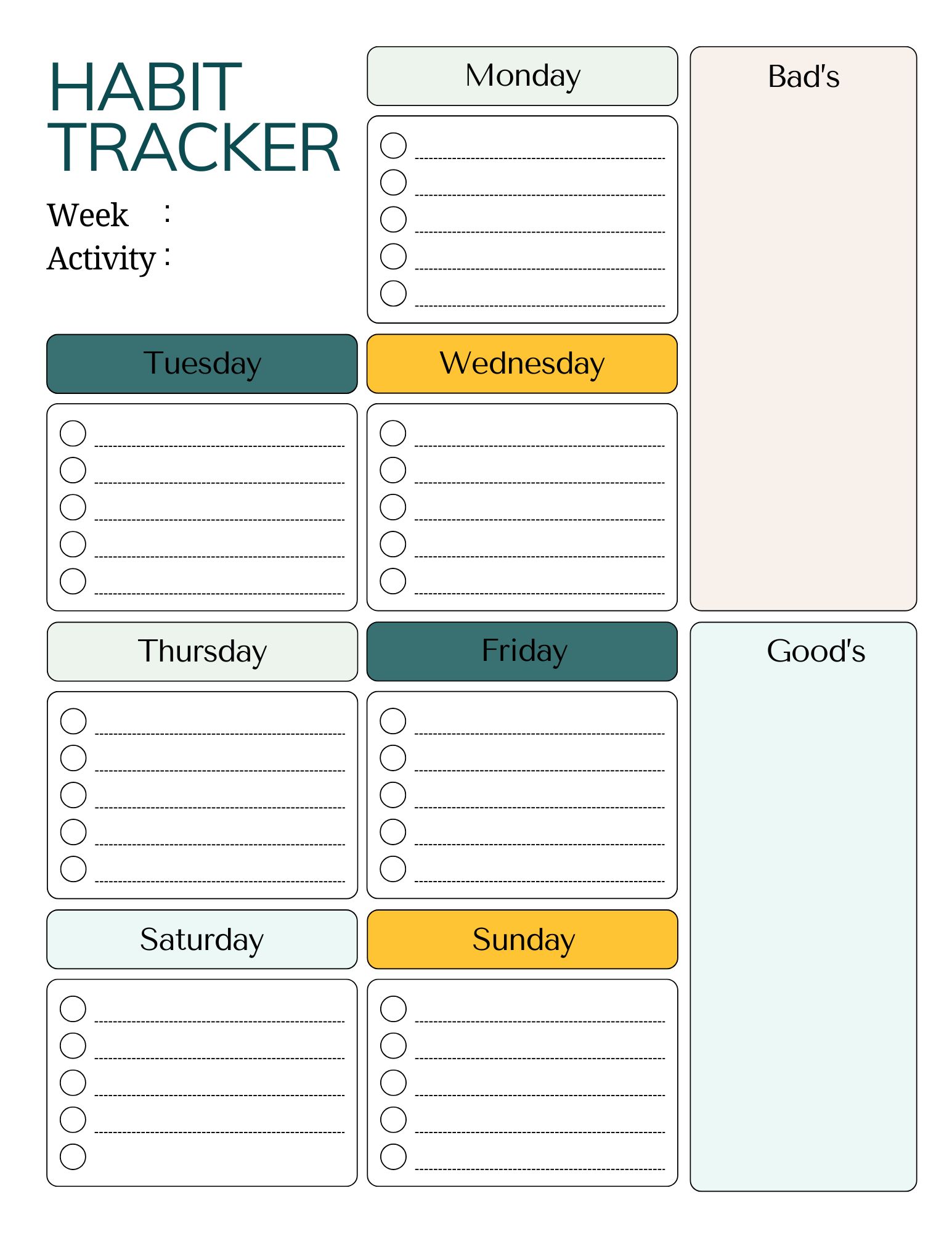 Weekly habit tracker layout with days of the week, checklist sections, and good and bad habits columns