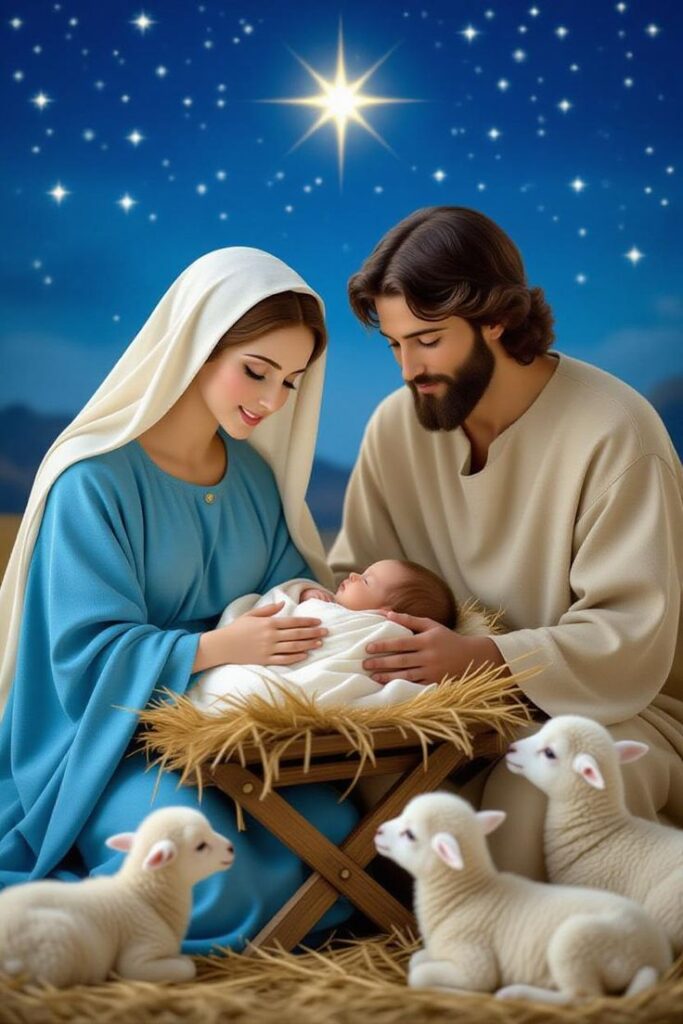 Nativity scene with Mary and Joseph gazing at baby Jesus in a manger under the Star of Bethlehem, with lambs resting nearby.