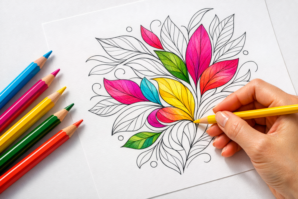 Mindful Coloring vs Art Therapy: 5 Key Differences Explained 4 Close-up of a person practicing mindful coloring vs art therapy using bright botanical artwork.