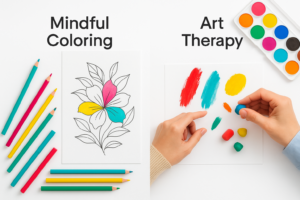 Side-by-side comparison illustrating mindful coloring vs art therapy, showing a floral coloring page and expressive paint and clay materials.