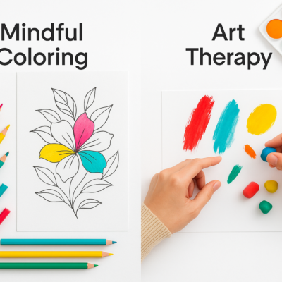Side-by-side comparison illustrating mindful coloring vs art therapy, showing a floral coloring page and expressive paint and clay materials.