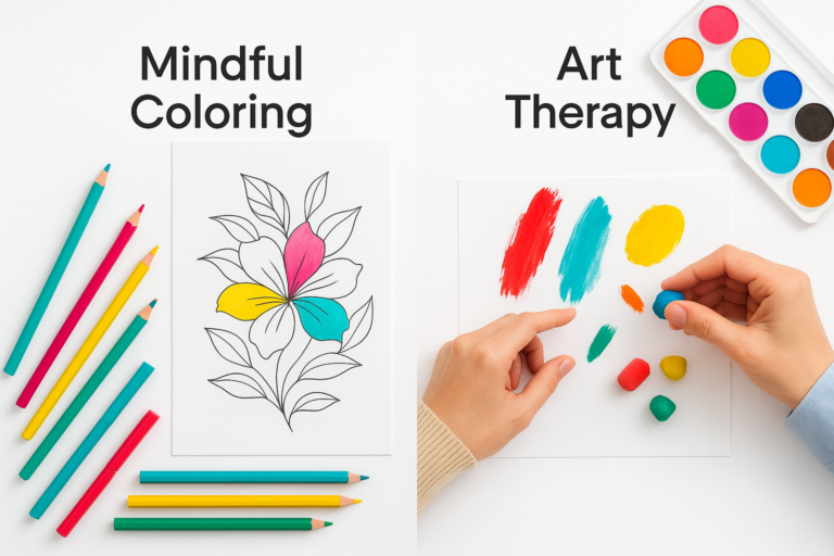 Side-by-side comparison illustrating mindful coloring vs art therapy, showing a floral coloring page and expressive paint and clay materials.