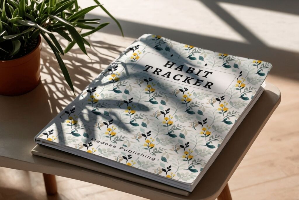 Habit tracker notebook showing front floral cover and blank back cover with spiral binding
