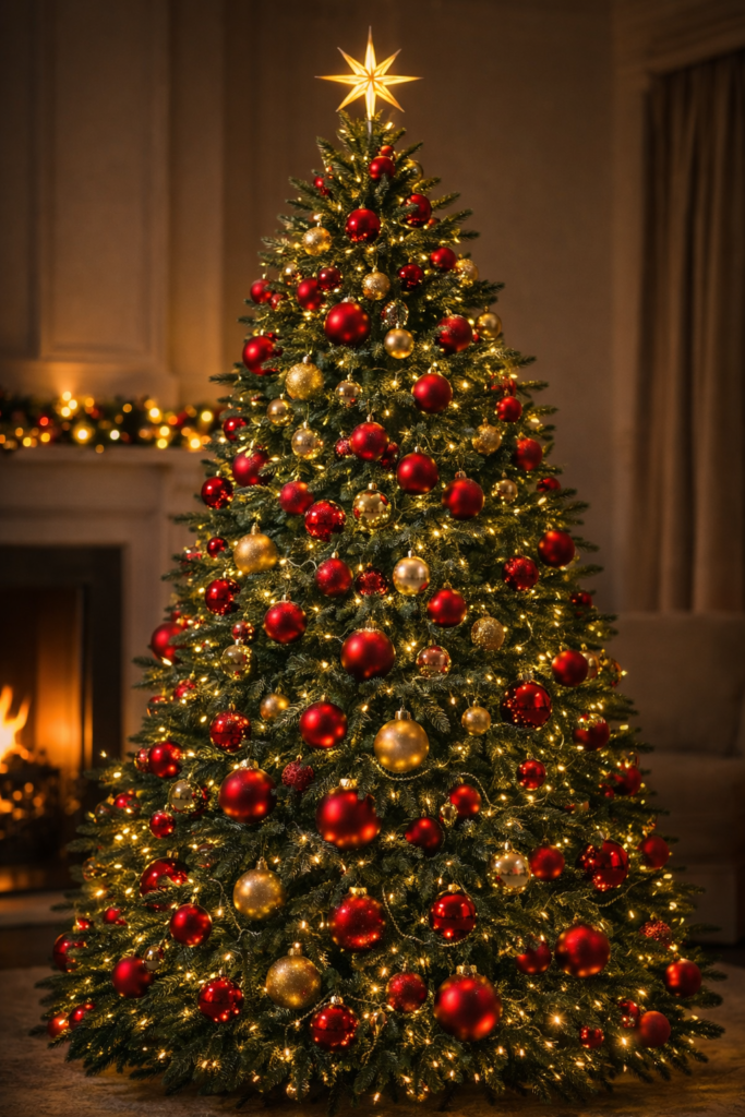 Red and gold Christmas tree decorated with warm lights and ornaments in a cozy living room with wrapped gifts and fireplace.