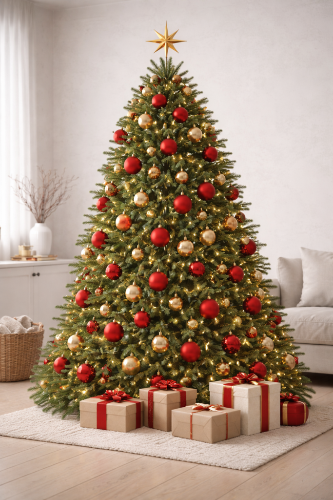 Red and gold Christmas tree styled in a Scandinavian minimalist living room with white walls, light wood floors, and soft natural daylight.