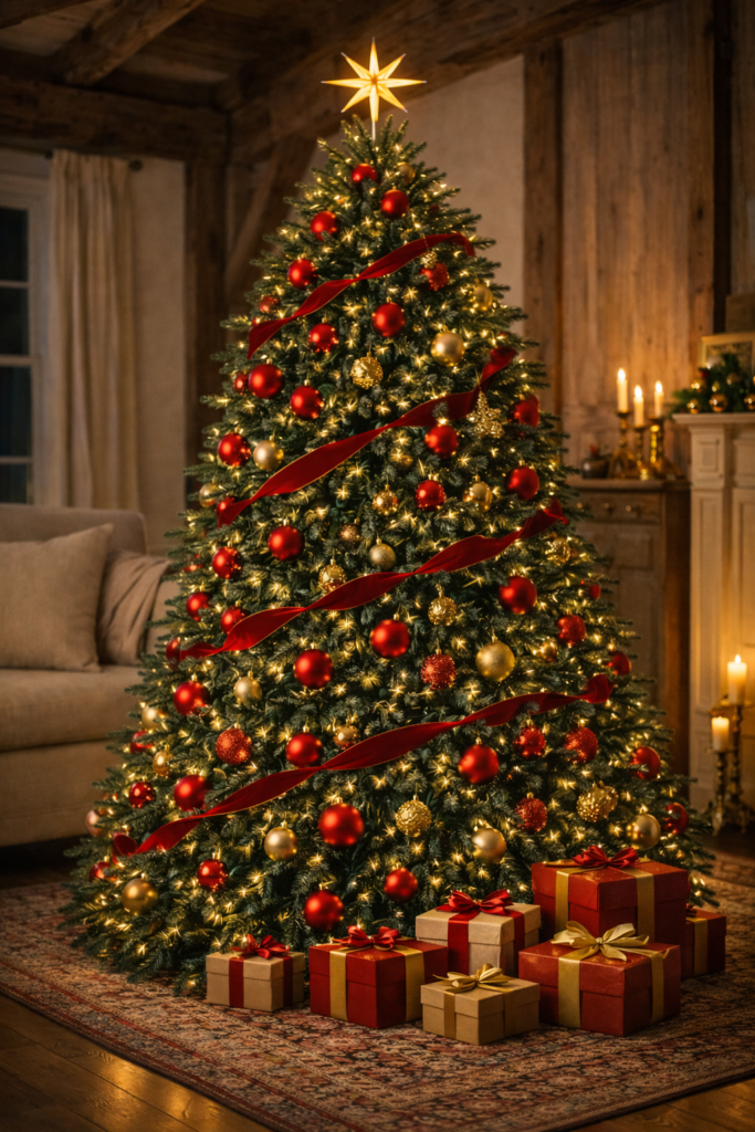 Red and gold Christmas tree in a rustic farmhouse interior with wood beams and cozy candlelight.