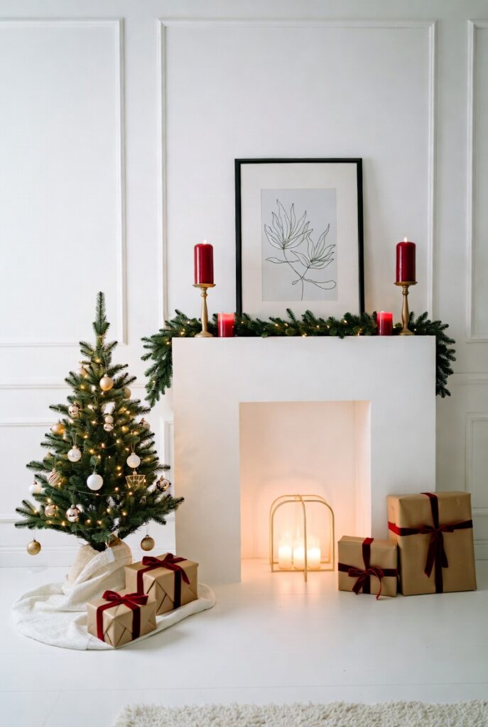 Scandinavian Christmas fireplace with greenery, red candles, a small decorated tree, and wrapped gifts.