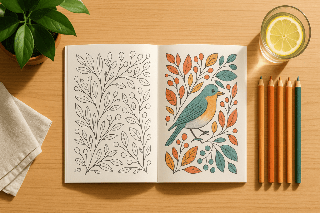 Adult coloring relax your brain with an organized workspace of nature illustrations