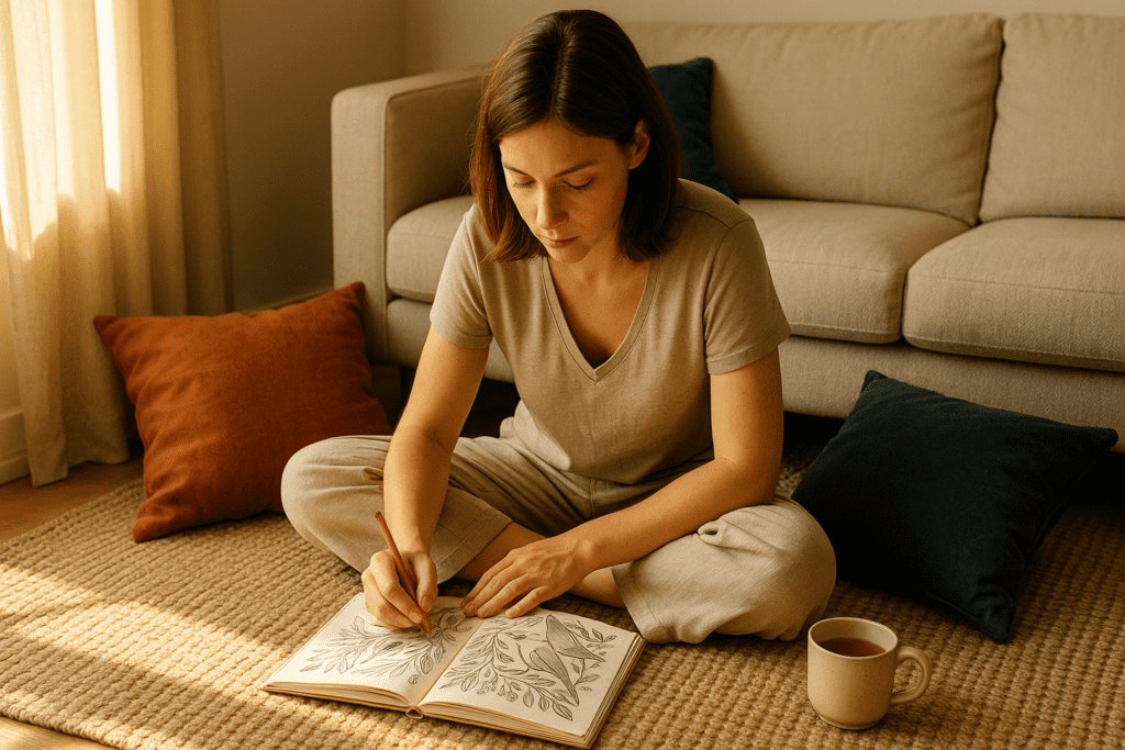 Adult coloring relax your brain as a woman colors peacefully on a rug with tea nearby