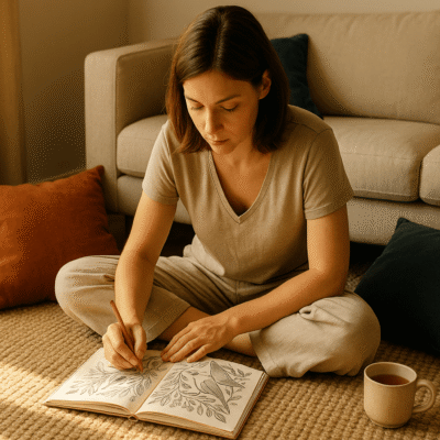Adult coloring relax your brain as a woman colors peacefully on a rug with tea nearby