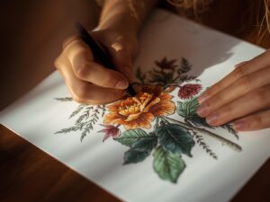 Close-up of a person coloring detailed floral artwork with vivid pencils as part of a mindful coloring practice.