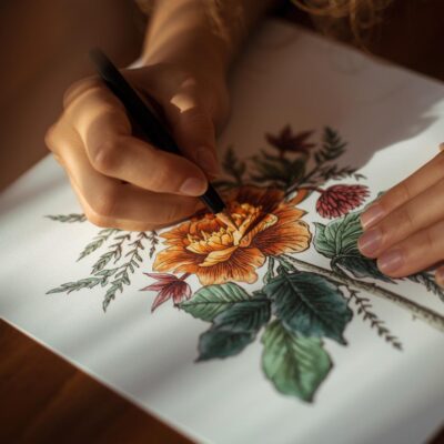 Close-up of a person coloring detailed floral artwork with vivid pencils as part of a mindful coloring practice.