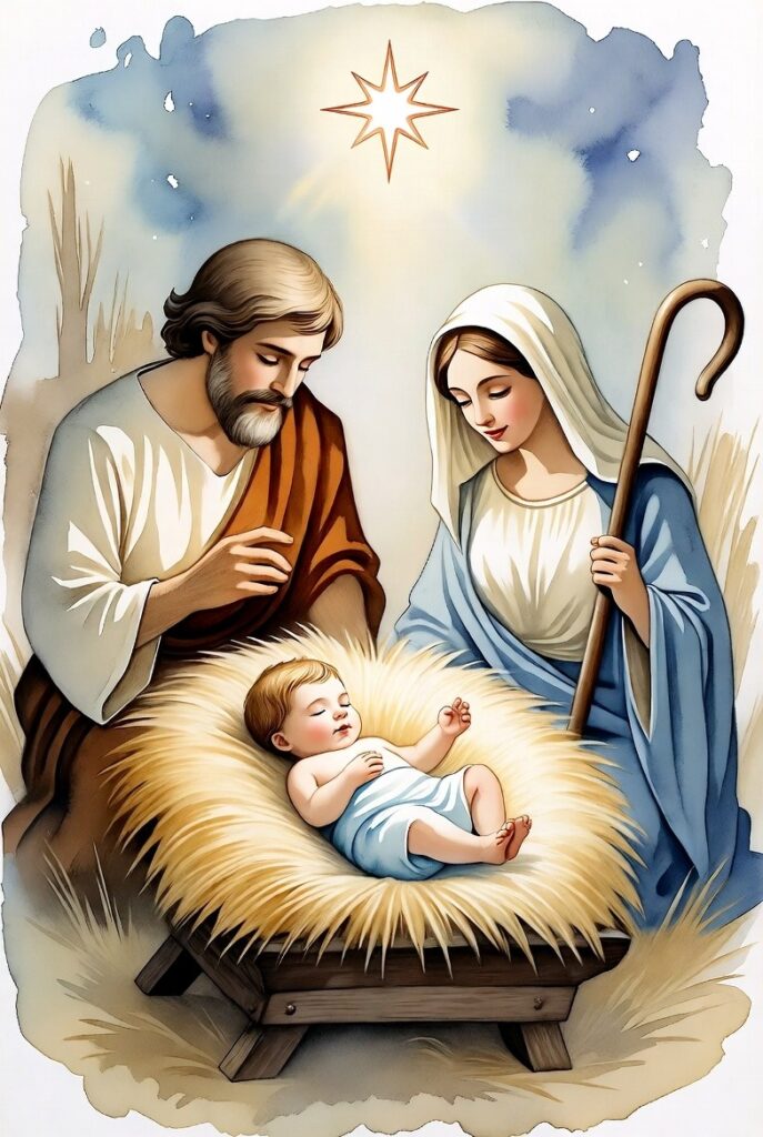 Traditional Nativity illustration of Mary and Joseph with baby Jesus in a manger, Joseph holding a shepherd’s staff.